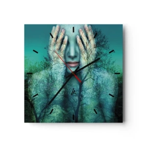 Zegar ścienny - Postać kobiety z motywem drzew na tle turkusowego krajobrazu - 30x30cm - Zanurzona w błękicie - Nowoczesna dekoracja ścienna do salonu i sypialni ARTTOR