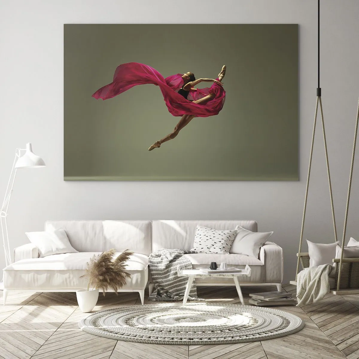 Obraz na szkle - Tancerka w locie z rozwianą tkaniną w kolorze fuksji - 70x50cm - Tańczący płomień - Nowoczesna dekoracja ścienna do salonu i sypialni ARTTOR