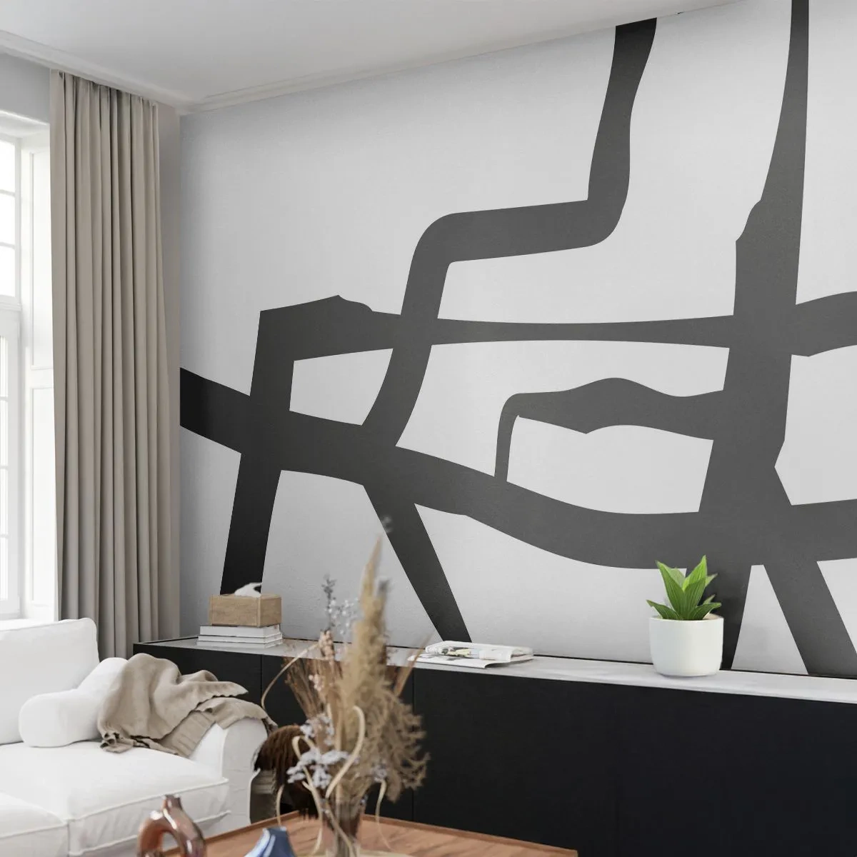 Fototapeta Premium Sand - Czarne geometryczne linie na białym tle - 100x70cm - Czarno-biała konstrukcja - Nowoczesna dekoracja ścienna do salonu, kuchni i sypialni ARTTOR