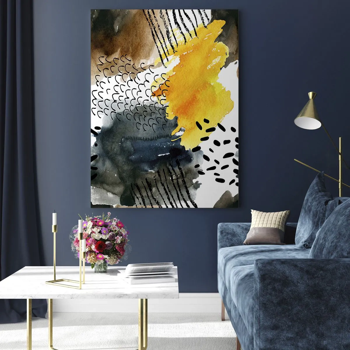 Obraz na szkle - Abstrakcyjna kompozycja z plamami i liniami w kolorach ziemi - 50x70cm - Spotkanie żywiołów - Nowoczesna dekoracja ścienna do salonu, kuchni i sypialni ARTTOR