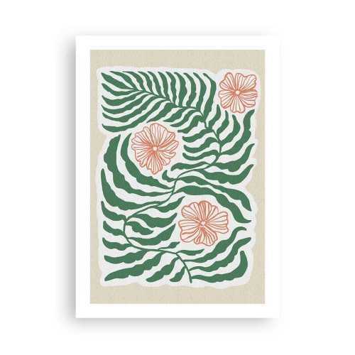 Plakat - Abstrakcyjna grafika liści i kwiatów na beżowym tle - 50x70cm - Rozkwitłe w zieleni - Nowoczesna dekoracja ścienna do salonu, kuchni i sypialni ARTTOR