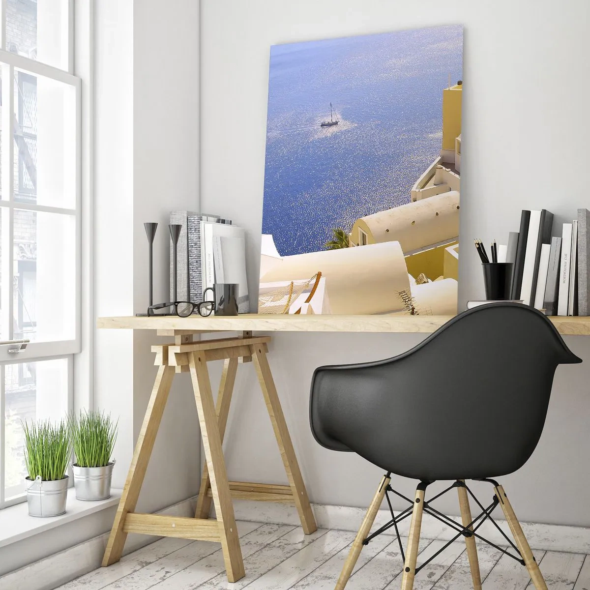 Obraz na szkle - Widok na Santorini z błękitnym morzem i białymi budynkami - 50x70cm - Grecki pejzaż w bieli i błękicie - Nowoczesna dekoracja ścienna do salonu, kuchni i sypialni ARTTOR