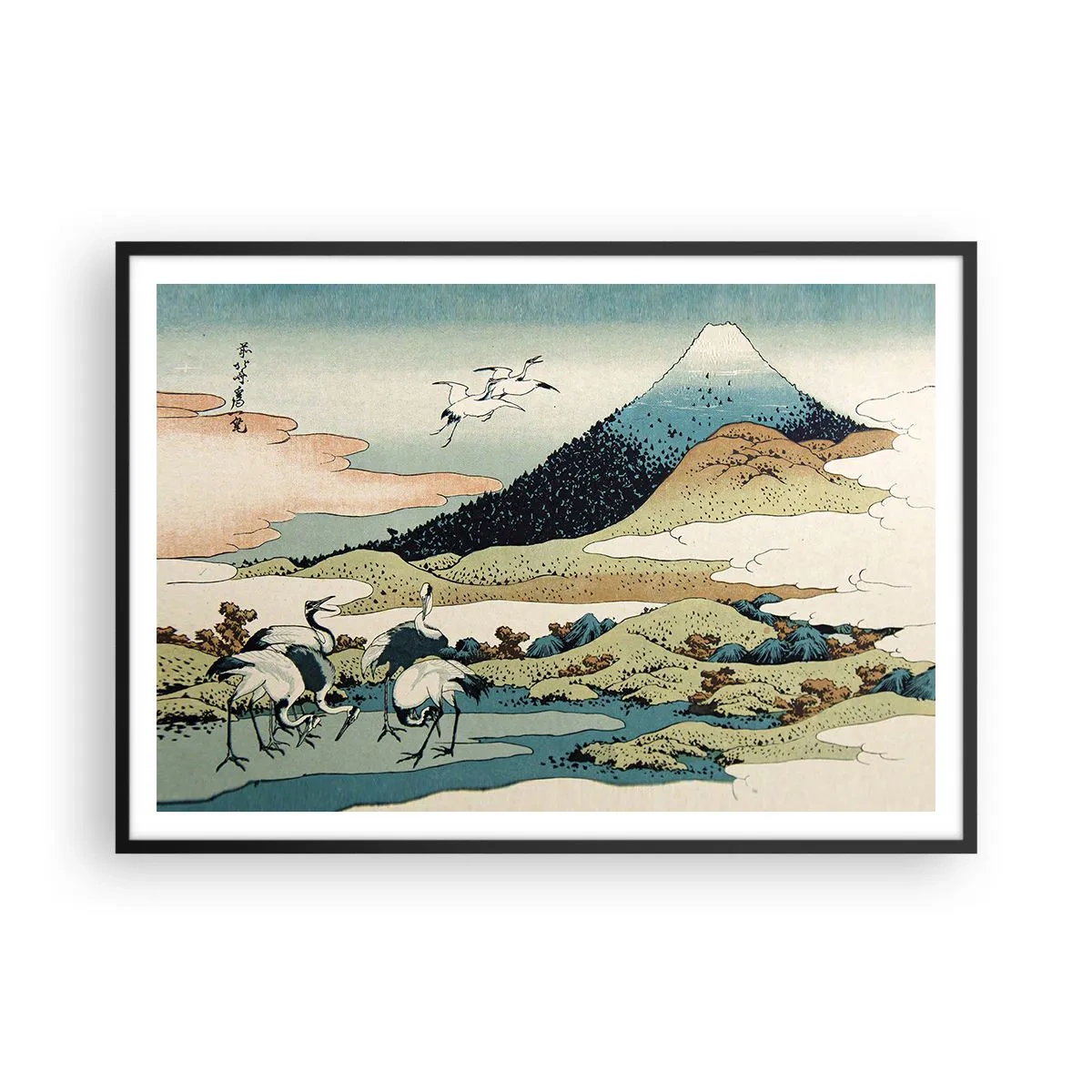 Plakat w czarnej ramie - Tradycyjna japońska grafika z górami i żurawiami - 100x70cm - W japońskim duchu - Nowoczesna dekoracja ścienna do salonu i sypialni ARTTOR