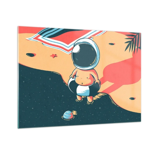 Obraz na szkle - Postać astronauty na plaży z kosmicznym krajobrazem - 100x70cm - Z innej perspektywy - Nowoczesna dekoracja ścienna do salonu, kuchni i sypialni ARTTOR