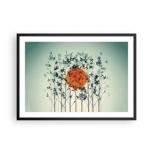 Plakat w czarnej ramie - Pomarańczowe słońce wśród bambusowych gałęzi - 70x50cm - Japońskie słońce - Nowoczesna dekoracja ścienna do salonu i sypialni ARTTOR