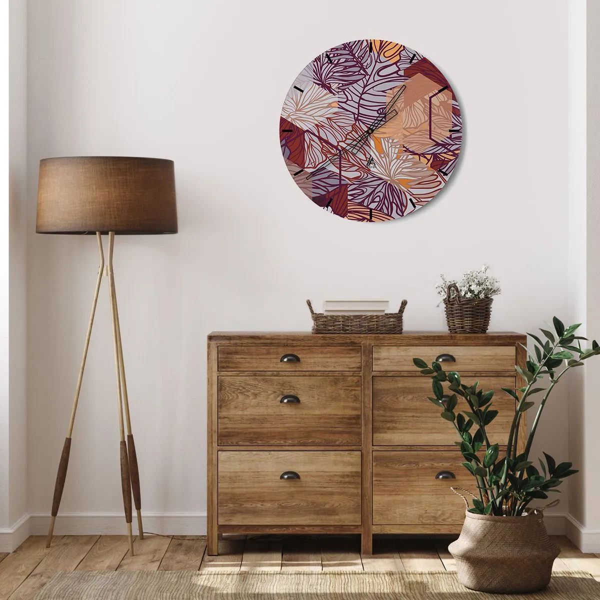 Zegar ścienny - Abstrakcyjne liście w odcieniach fioletu, pomarańczu i beżu - 30x30cm - Związek niemozliwy geometrii i natury - Nowoczesna dekoracja ścienna do salonu, kuchni i sypialni ARTTOR