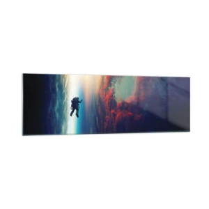 Obraz na szkle - Astronauta unoszący się w kosmosie nad kolorową Ziemią - 160x50cm - Mierzyć się ze wszechświatem - Nowoczesna dekoracja ścienna do salonu i sypialni ARTTOR