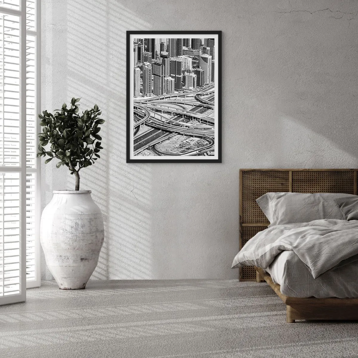 Plakat w czarnej ramie - Miejska panorama z siecią dróg w czarno-białym stylu - 50x70cm - Dubaj – miasto niemożliwe - Nowoczesna dekoracja ścienna do salonu i sypialni ARTTOR