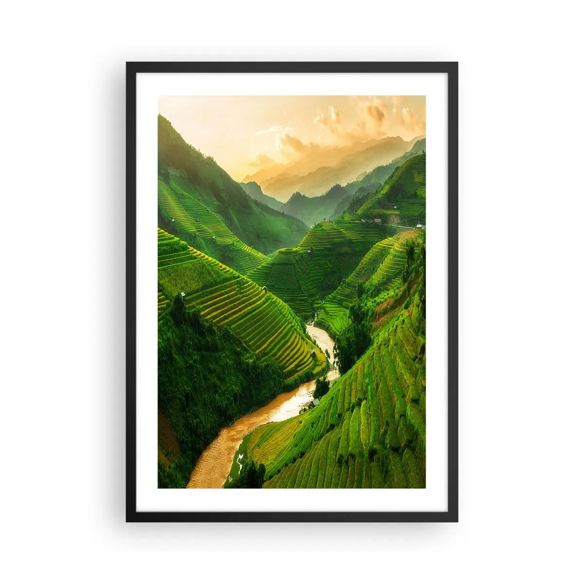 Plakat w czarnej ramie - Malownicze tarasy ryżowe w zielonej dolinie - 50x70cm - Wietnamska dolina - Nowoczesna dekoracja ścienna do salonu i sypialni ARTTOR