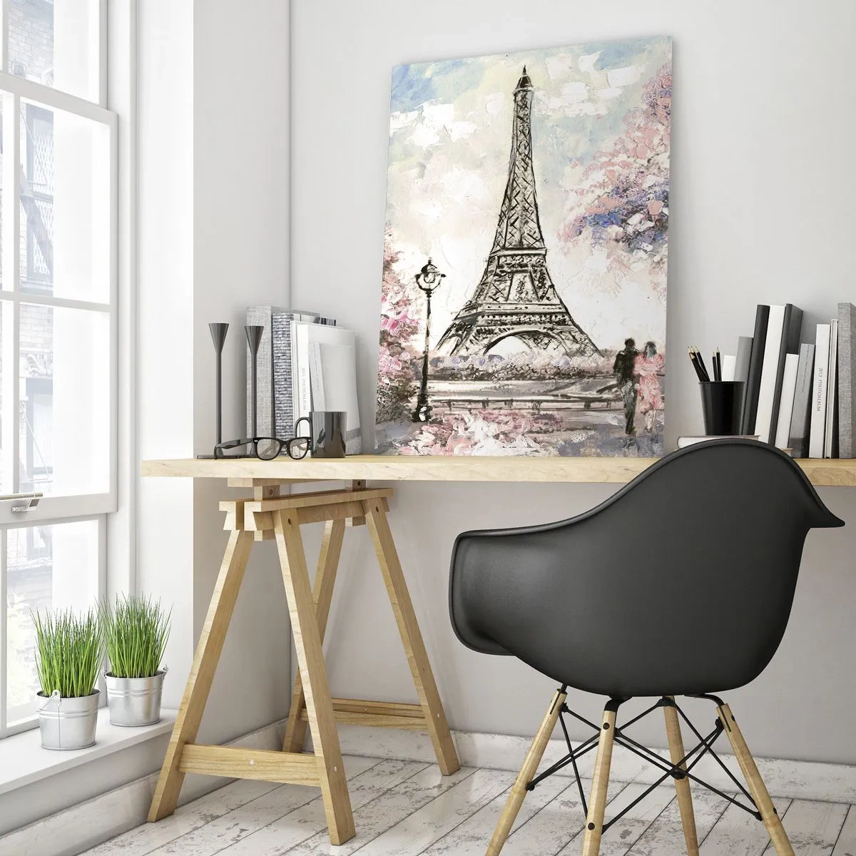 Obraz na szkle - Ilustracja przedstawiająca Wieżę Eiffla w wiosennej scenerii - 50x70cm - Kwietniowy spacer po Paryżu - Nowoczesna dekoracja ścienna do salonu, kuchni i sypialni ARTTOR