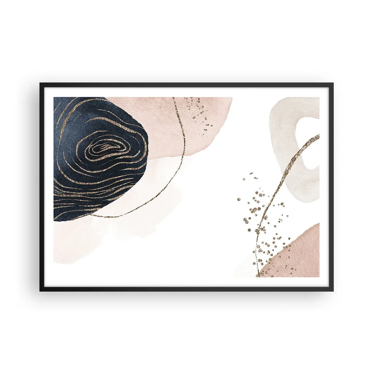 Plakat w czarnej ramie - Abstrakcyjne kształty w odcieniach beżu i granatu ze złotymi detalami - 100x70cm - Wszystko płynie - Nowoczesna dekoracja ścienna do salonu i sypialni ARTTOR