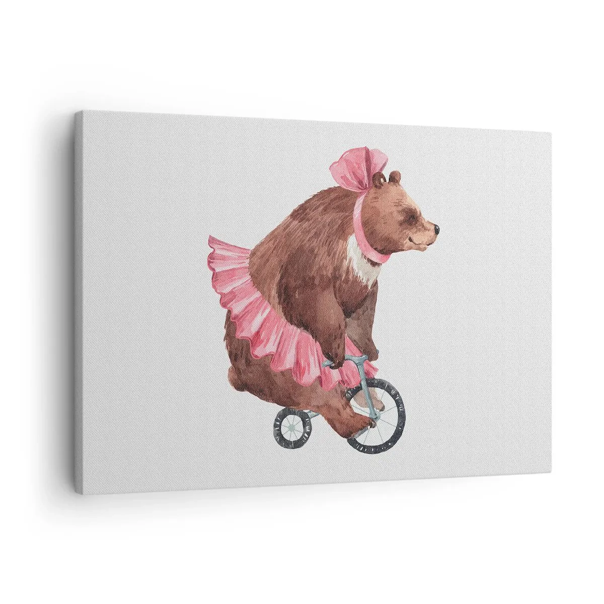 Obraz na płótnie - Miś w różowej spódniczce na rowerku w stylu retro - 70x50cm - Ale cyrk! - Nowoczesna dekoracja ścienna do salonu i sypialni ARTTOR