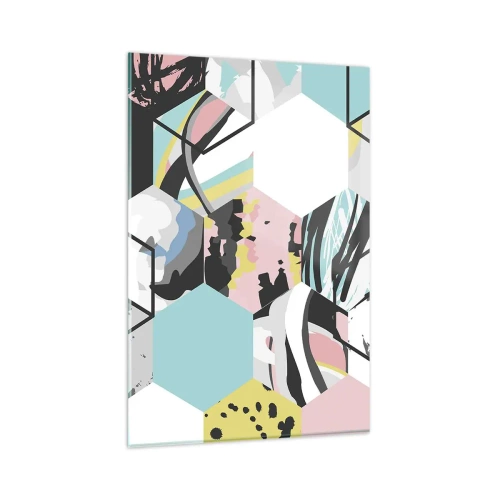 Obraz na szkle - Geometryczny wzór heksagonów z kolorowymi abstrakcyjnymi detalami - 80x120cm - Sześciokąty i sześciany w sześciu barwach - Nowoczesna dekoracja ścienna do salonu i sypialni ARTTOR