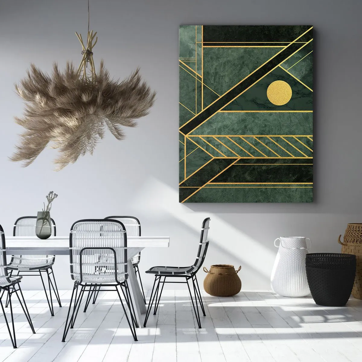 Obraz na płótnie - Geometryczne wzory w odcieniach zieleni i złota z centralnym złotym kołem - 50x70cm - Dynamika złota i lazuru - Nowoczesna dekoracja ścienna do salonu, kuchni i sypialni ARTTOR
