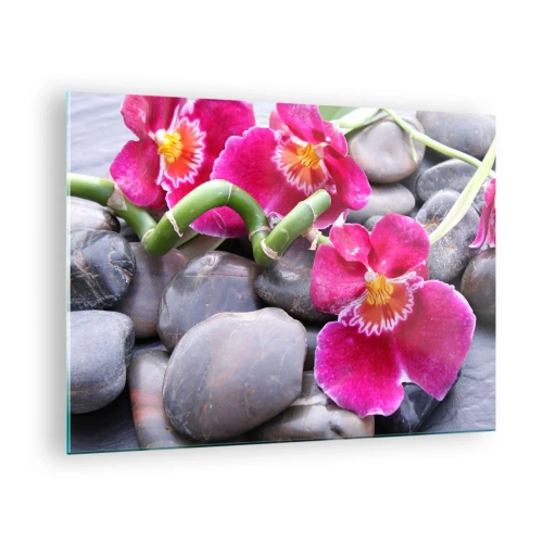 Obraz na szkle - Różowe orchidee z bambusem na kamieniach - 70x50cm - Chłód i żar - Nowoczesna dekoracja ścienna do salonu i sypialni ARTTOR