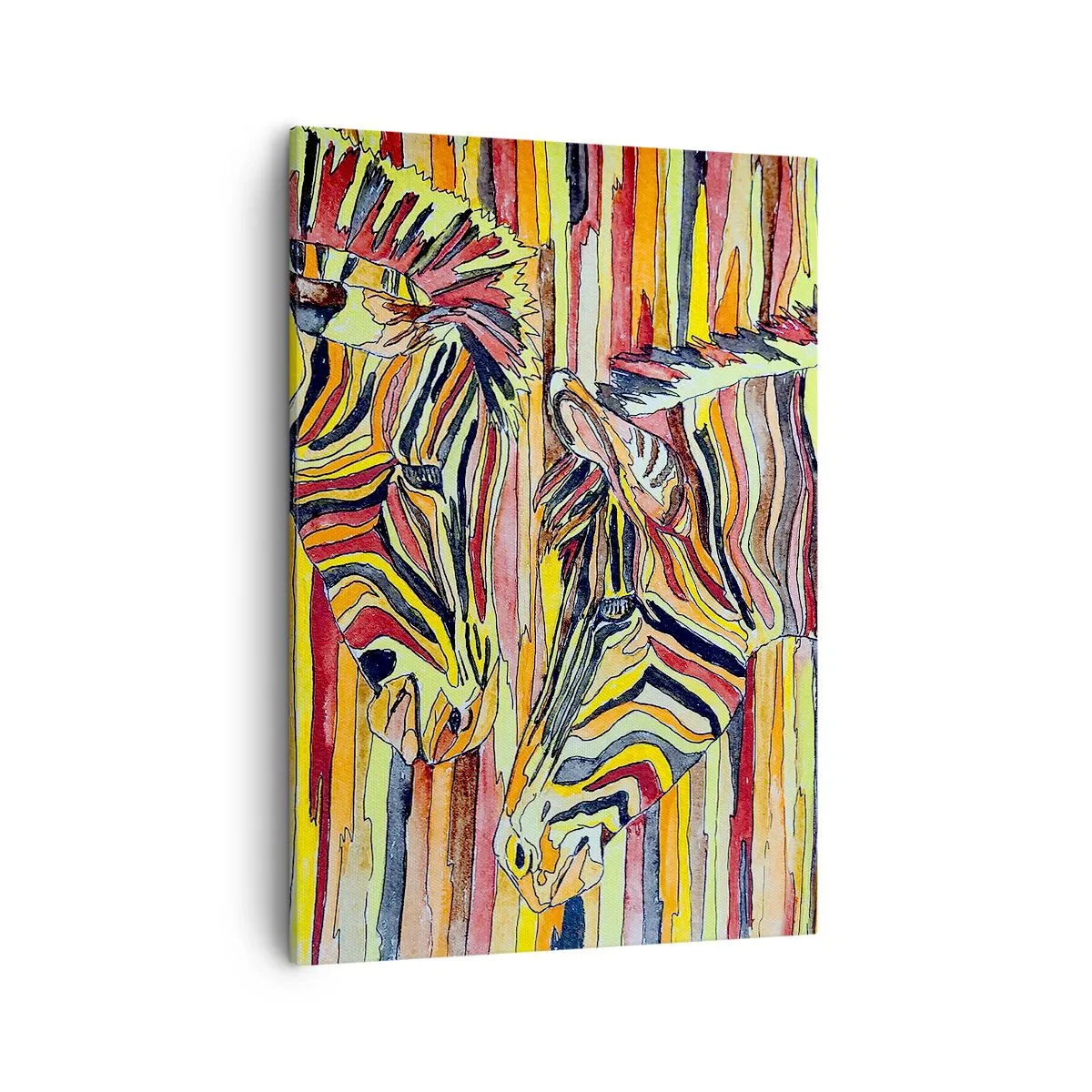 Obraz na płótnie - A więc ty też… - Kolorowe zebry na tle pionowych linii - 50x70cm
