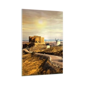 Obraz na szkle - Wiatraki na wzgórzach z historycznym zamkiem w tle - 80x120cm - Zaraz pojawi się Don Kichot - Nowoczesna dekoracja ścienna do salonu i sypialni ARTTOR