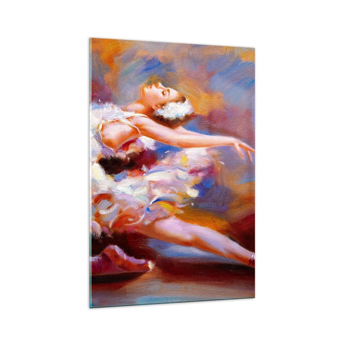 Obraz na szkle - Balerina w dynamicznej pozie wśród pastelowych barw - 70x100cm - Łabędzia gracja - Nowoczesna dekoracja ścienna do salonu i sypialni ARTTOR