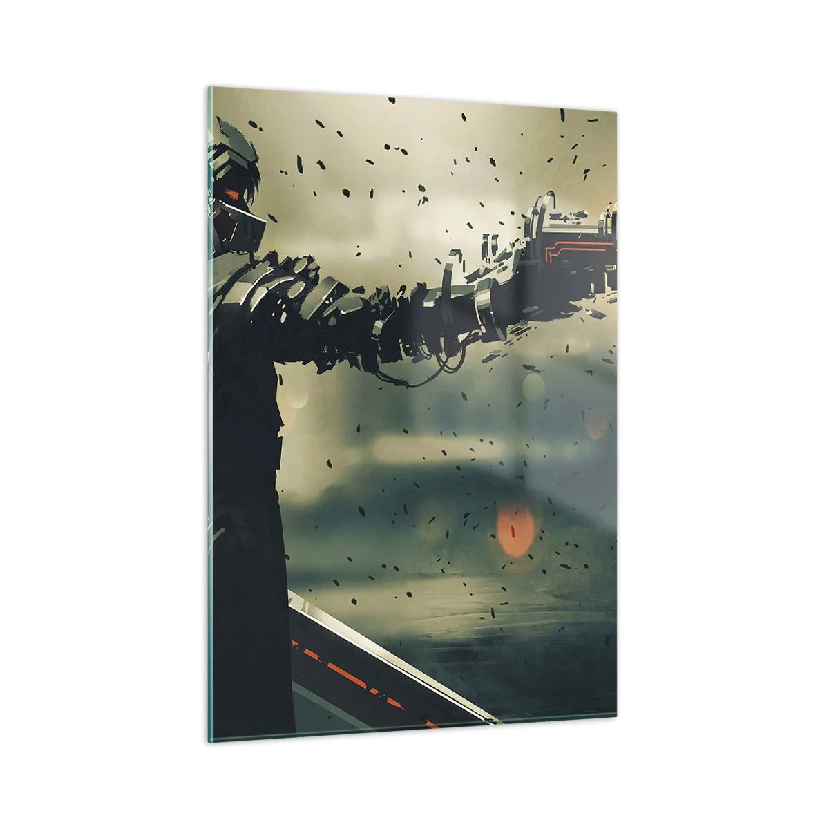 Obraz na szkle - Cyberwojownik w futurystycznym stylu z bronią energetyczną - 50x70cm - Zabójcza broń - twój własny Terminator - Nowoczesna dekoracja ścienna do salonu, kuchni i sypialni ARTTOR