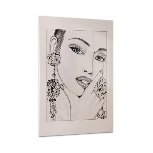 Obraz na szkle - Szkic kobiecej twarzy z ozdobnymi kolczykami i pierścionkami - 70x100cm - Najpiękniejszy klejnot - Nowoczesna dekoracja ścienna do salonu i sypialni ARTTOR