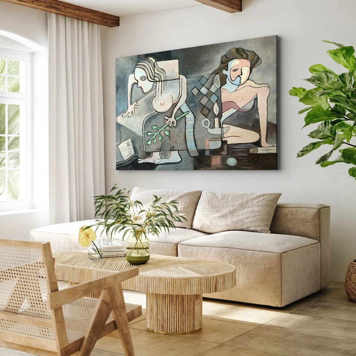 Obraz na płótnie - Abstrakcyjne postacie w symbolicznej kompozycji o głębokiej treści - 70x50cm - Mozaika ducha i materii - Nowoczesna dekoracja ścienna do salonu i sypialni ARTTOR