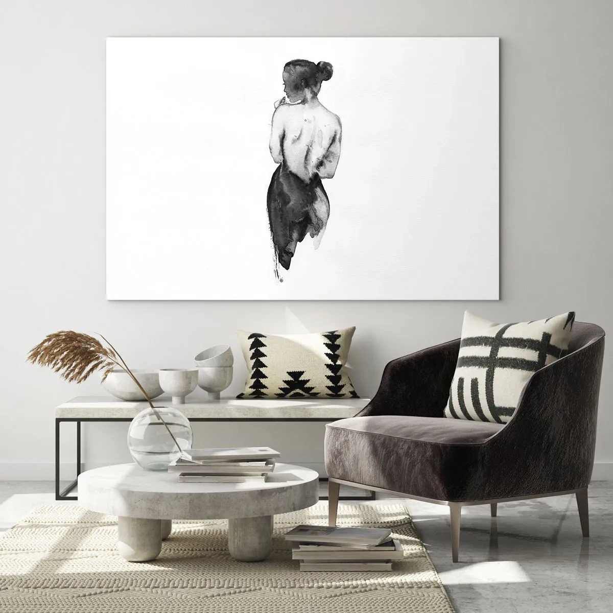 Obraz na szkle - Czarno-biała sylwetka kobiety w stylu akwareli - 100x70cm - Przy niej świat znika - Nowoczesna dekoracja ścienna do salonu, kuchni i sypialni ARTTOR