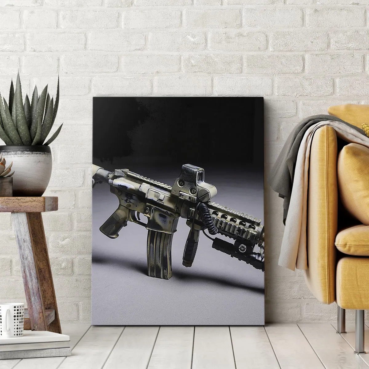 Obraz na płótnie - Nowoczesna broń w kolorze kamuflażu na ciemnym tle - 80x120cm - Zawsze grożny - Nowoczesna dekoracja ścienna do salonu i sypialni ARTTOR