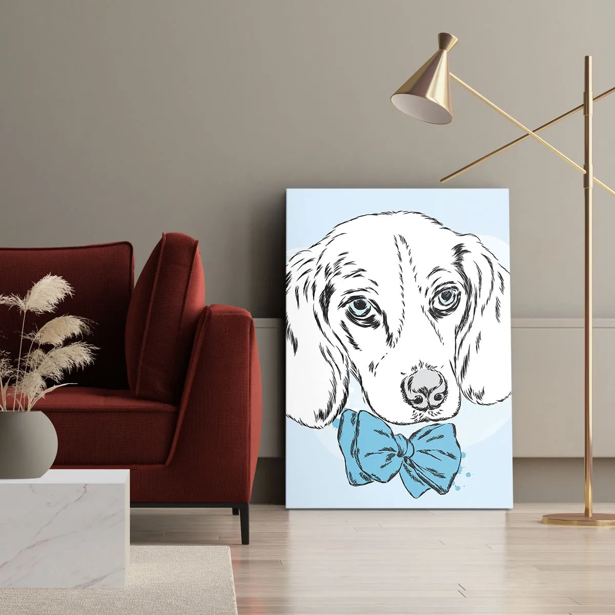 Obraz na płótnie - Portret psa z muszką - 50x70cm - Psia elegancja - Nowoczesna dekoracja ścienna do salonu, kuchni i sypialni ARTTOR