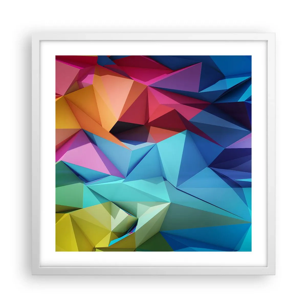 Plakat w białej ramie - Tęczowe origami - 50x50 cm