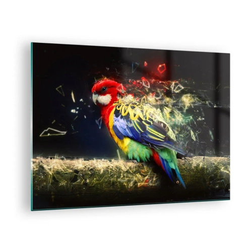 Obraz na szkle - Kolorowy papuga w artystycznej kompozycji z efektem rozbicia - 70x50cm - Posłaniec blasku - Nowoczesna dekoracja ścienna do salonu i sypialni ARTTOR