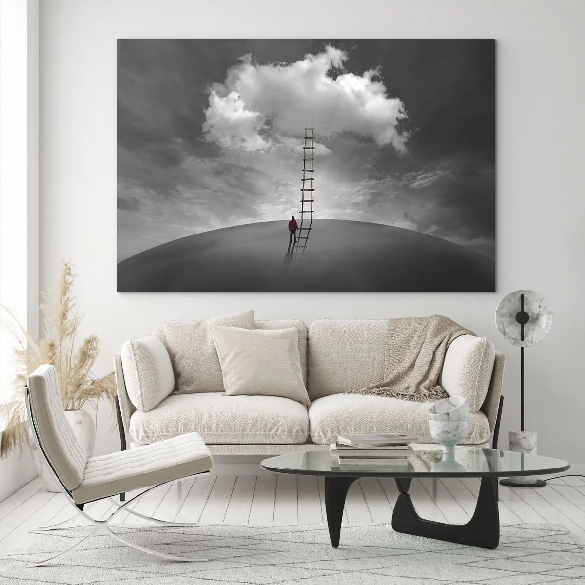 Obraz na szkle - Osoba patrzy na drabinę prowadzącą do chmury - 120x80cm - Wszystko możliwe - Nowoczesna dekoracja ścienna do salonu, kuchni i sypialni ARTTOR