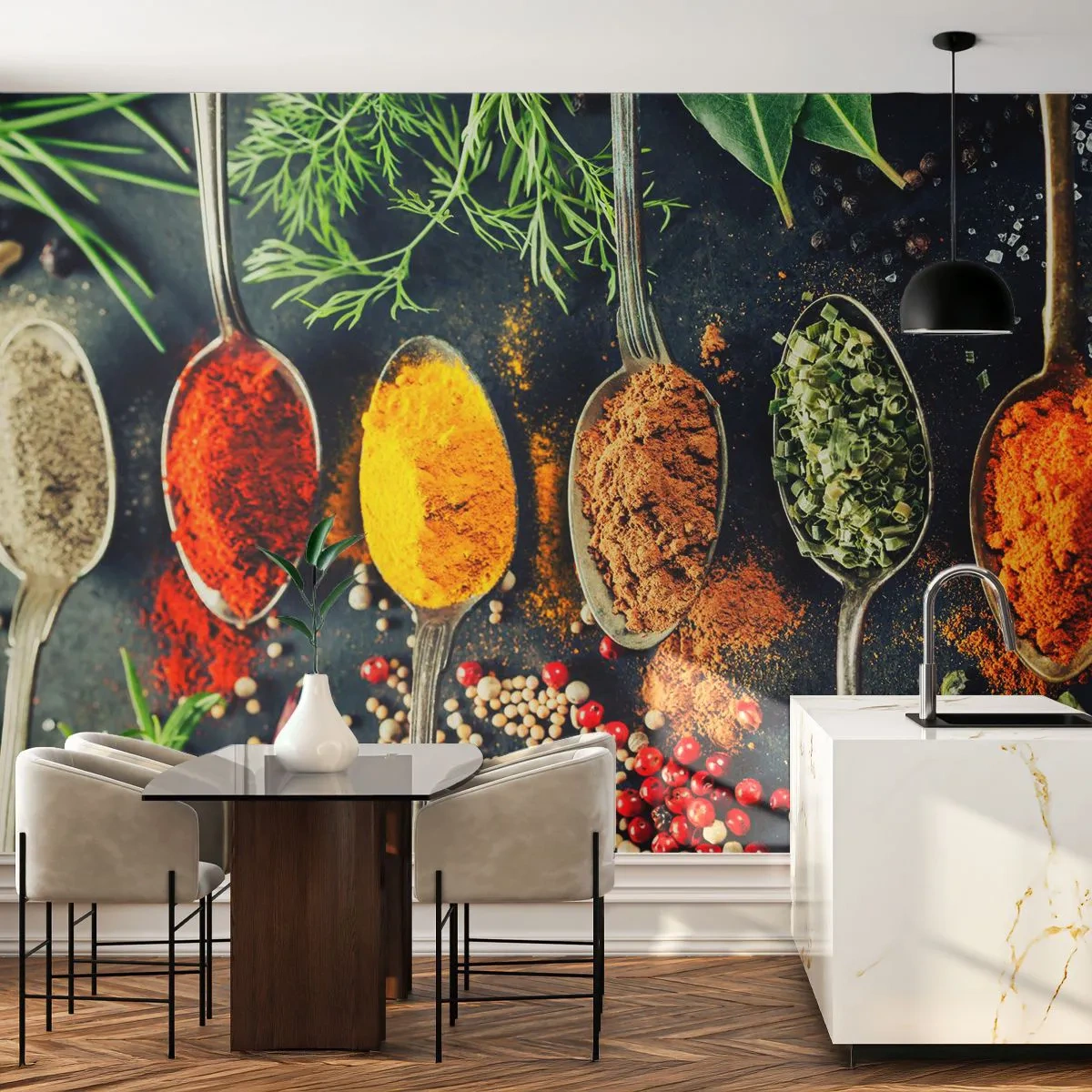 Fototapeta Premium Sand - Kolorowe przyprawy i zioła ułożone na łyżkach - 100x70cm - Kulinarna magia - Nowoczesna dekoracja ścienna do salonu, kuchni i sypialni ARTTOR