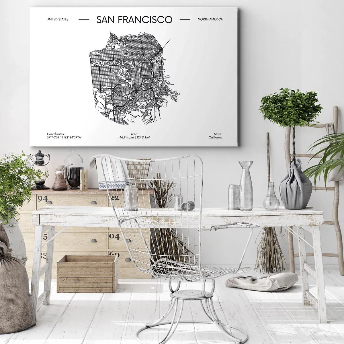 Obraz na płótnie - Mapa San Francisco w czarno-białym stylu minimalistycznym - 70x50cm - Anatomia San Francisco - Nowoczesna dekoracja ścienna do salonu i sypialni ARTTOR