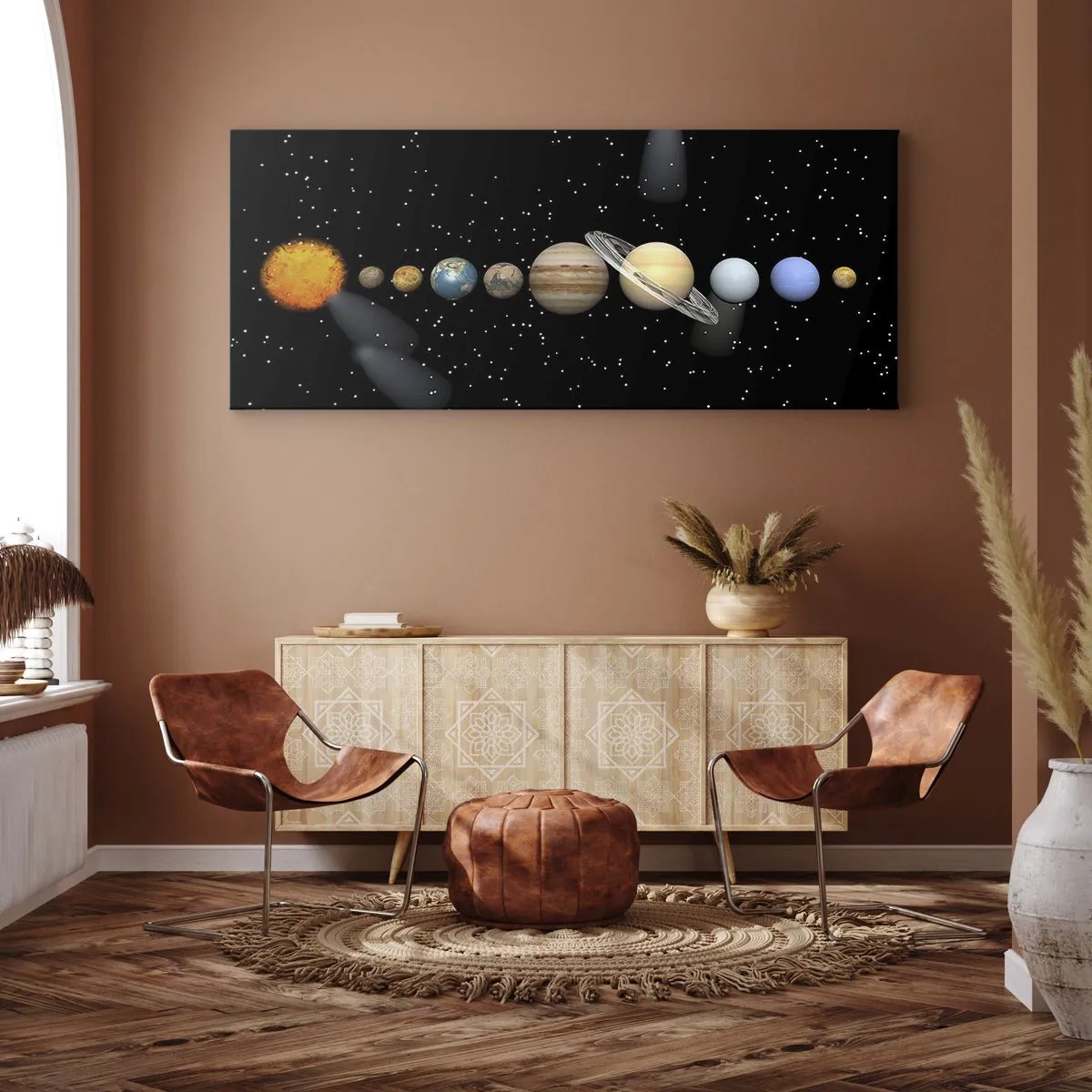 Obraz na płótnie - Układ słoneczny z planetami na tle gwiazd w kosmosie - 160x50cm - A planety szaleją, szaleją… - Nowoczesna dekoracja ścienna do salonu i sypialni ARTTOR
