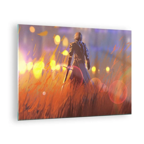 Obraz na szkle - Postać w zbroi wśród pomarańczowych traw z świetlistym tłem - 70x50cm - Błędny rycerz - Nowoczesna dekoracja ścienna do salonu i sypialni ARTTOR