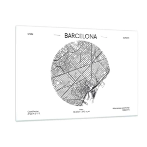 Obraz na szkle - Minimalistyczna mapa Barcelony w czarno-białej estetyce - 120x80cm - Anatomia Barcelony - Nowoczesna dekoracja ścienna do salonu, kuchni i sypialni ARTTOR