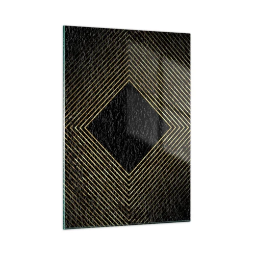 Obraz na szkle - Złoty diament z geometrycznymi liniami na czarnym tle - 50x70cm - Geometria w stylu glamour - Nowoczesna dekoracja ścienna do salonu, kuchni i sypialni ARTTOR