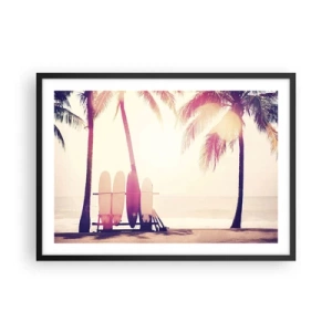 Plakat w czarnej ramie - Palmy i deski surfingowe na plaży w promieniach słońca - 70x50cm - To będzie wspaniały dzień - Nowoczesna dekoracja ścienna do salonu i sypialni ARTTOR