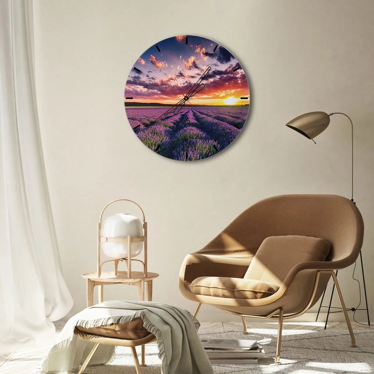 Zegar ścienny - Pole lawendy o zachodzie słońca z malowniczym niebem - 30x30cm - Lawendowy świat - Nowoczesna dekoracja ścienna do salonu, kuchni i sypialni ARTTOR