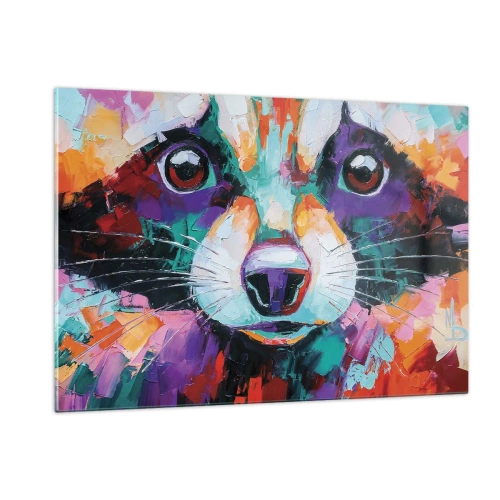 Obraz na szkle - A vibrant and colorful portrait of a raccoon painted in bold brushstrokes - 120x80cm - Tylko dobre emocje - Nowoczesna dekoracja ścienna do salonu, kuchni i sypialni ARTTOR