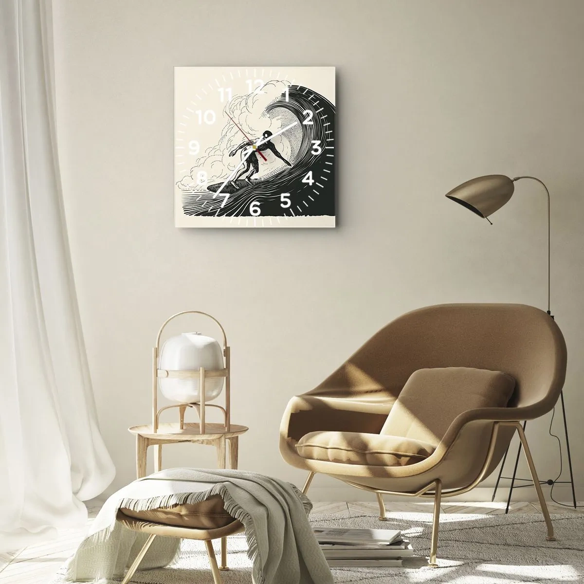 Zegar ścienny - Czarno-biała grafika surfera na fali - 30x30cm - Król fali - Nowoczesna dekoracja ścienna do salonu i sypialni ARTTOR