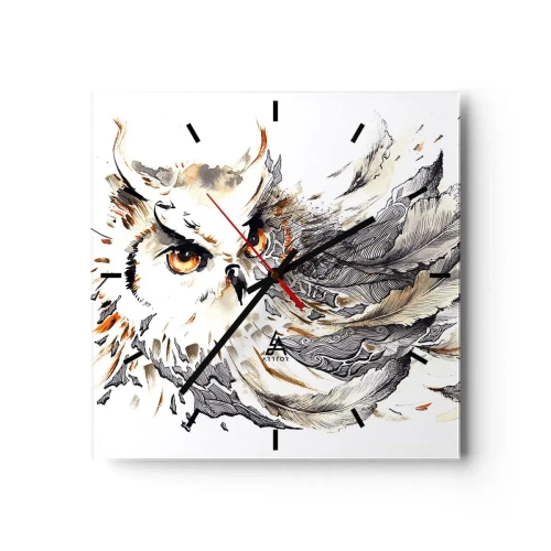 Zegar ścienny - Sowa z mistycznymi piórami w artystycznej formie akwareli - 30x30cm - Przybyła ze świata magii - Nowoczesna dekoracja ścienna do salonu i sypialni ARTTOR