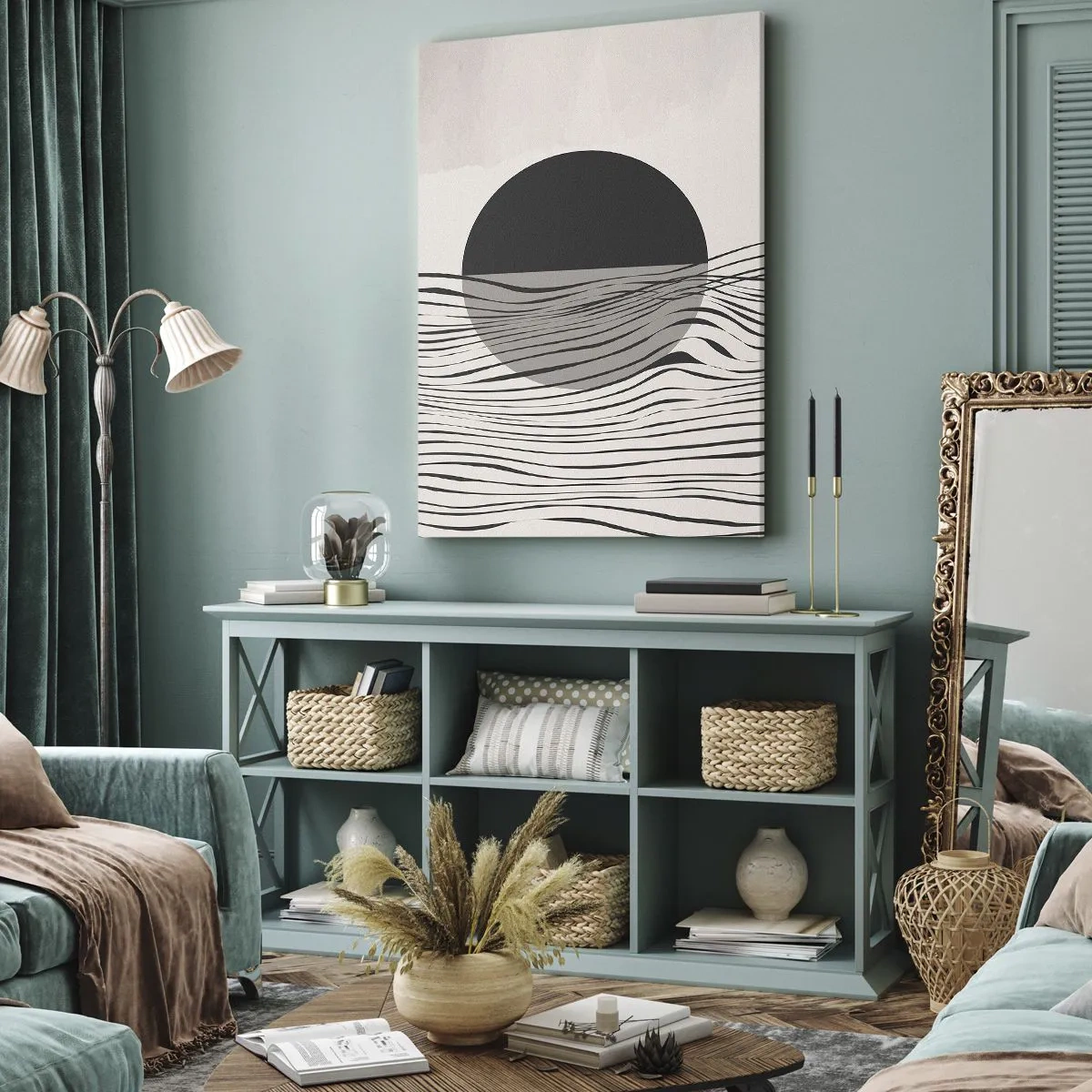 Obraz na płótnie - Abstrakcyjne linie i geometryczne kształty w stonowanych barwach - 70x100cm - Kompozycja połowiczna - Nowoczesna dekoracja ścienna do salonu i sypialni ARTTOR