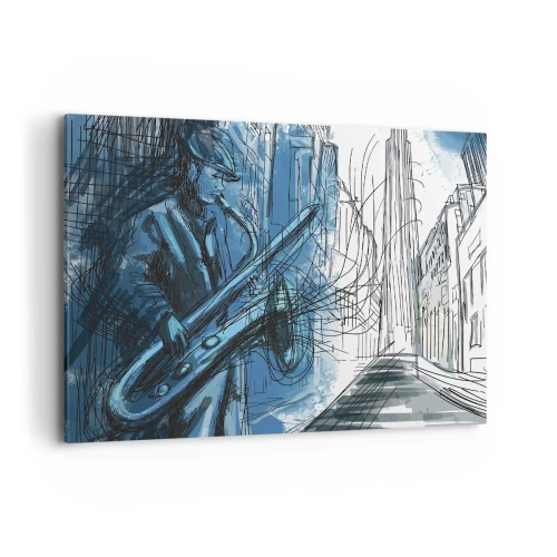 Obraz na płótnie - Postać grająca na saksofonie na tle miasta - 120x80cm - Miejska rapsodia - Nowoczesna dekoracja ścienna do salonu, kuchni i sypialni ARTTOR