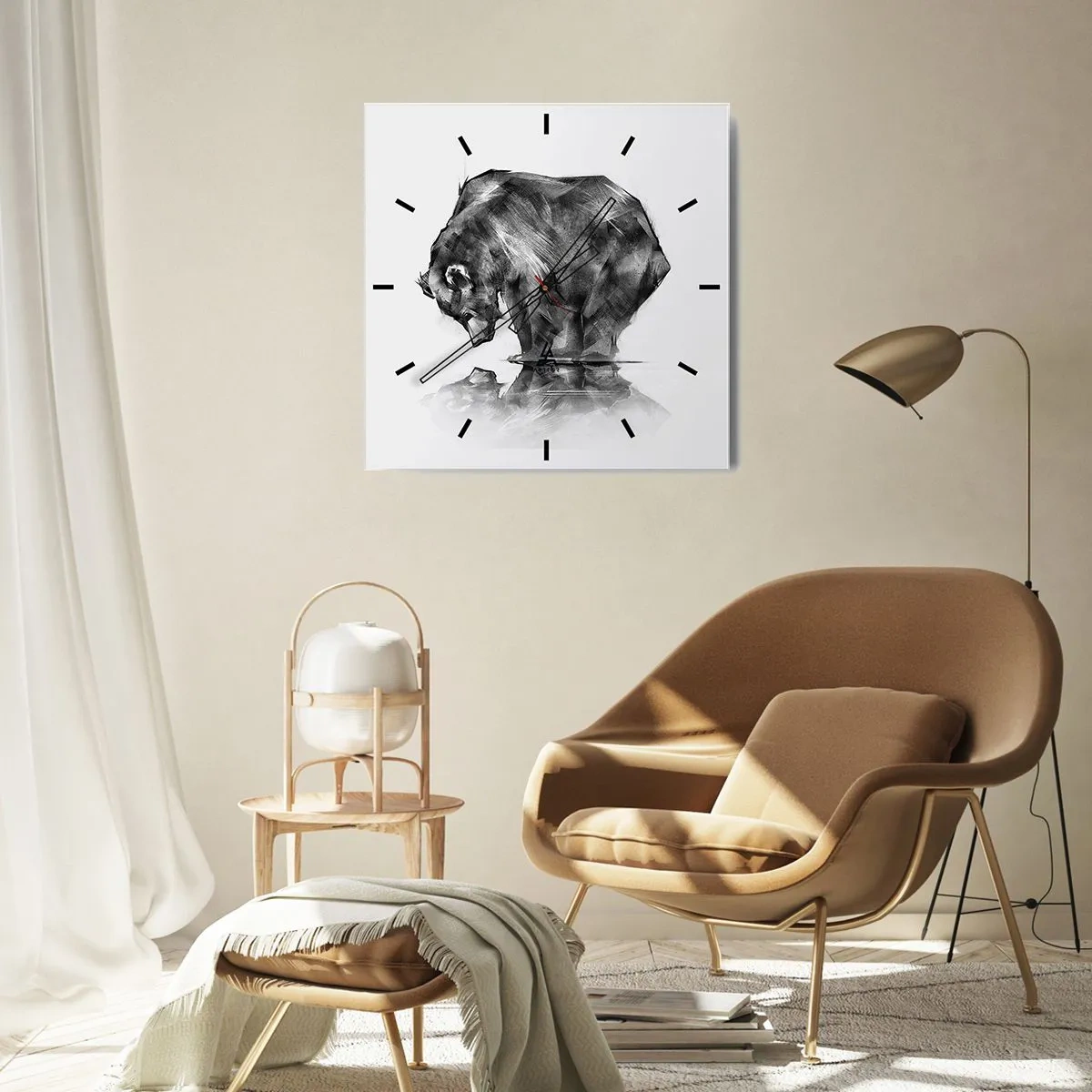 Zegar ścienny - Rysunek niedźwiedzia w minimalistycznym stylu - 30x30cm - Miło zobaczyć się z kimś bliskim - Nowoczesna dekoracja ścienna do salonu i sypialni ARTTOR