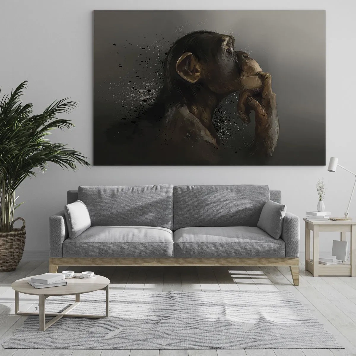 Obraz na szkle - Małpa w zamyśleniu na ciemnym tle z efektem rozprysku - 70x50cm - Z pewnością myśliciel - Nowoczesna dekoracja ścienna do salonu i sypialni ARTTOR