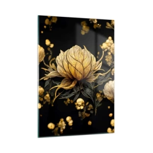 Obraz na szkle - Złote kwiaty na czarnym tle w eleganckiej kompozycji - 50x70cm - Subtelna kruchość - Nowoczesna dekoracja ścienna do salonu, kuchni i sypialni ARTTOR