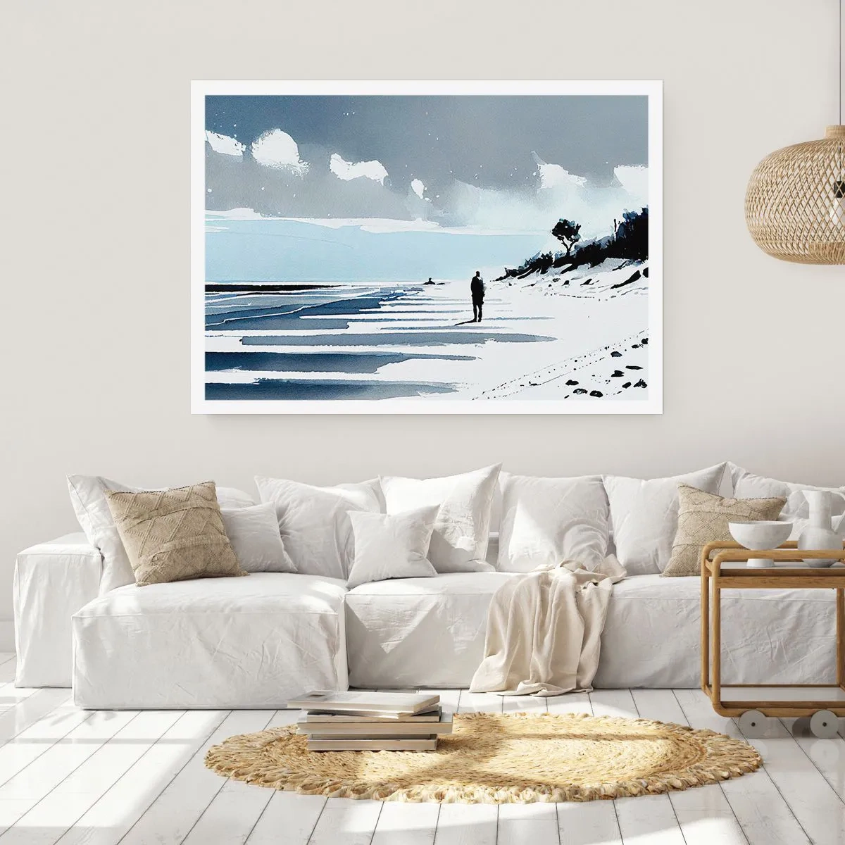 Plakat - Samotna postać spacerująca po pustej plaży - 100x70cm - Sam na sam - Nowoczesna dekoracja ścienna do salonu i sypialni ARTTOR