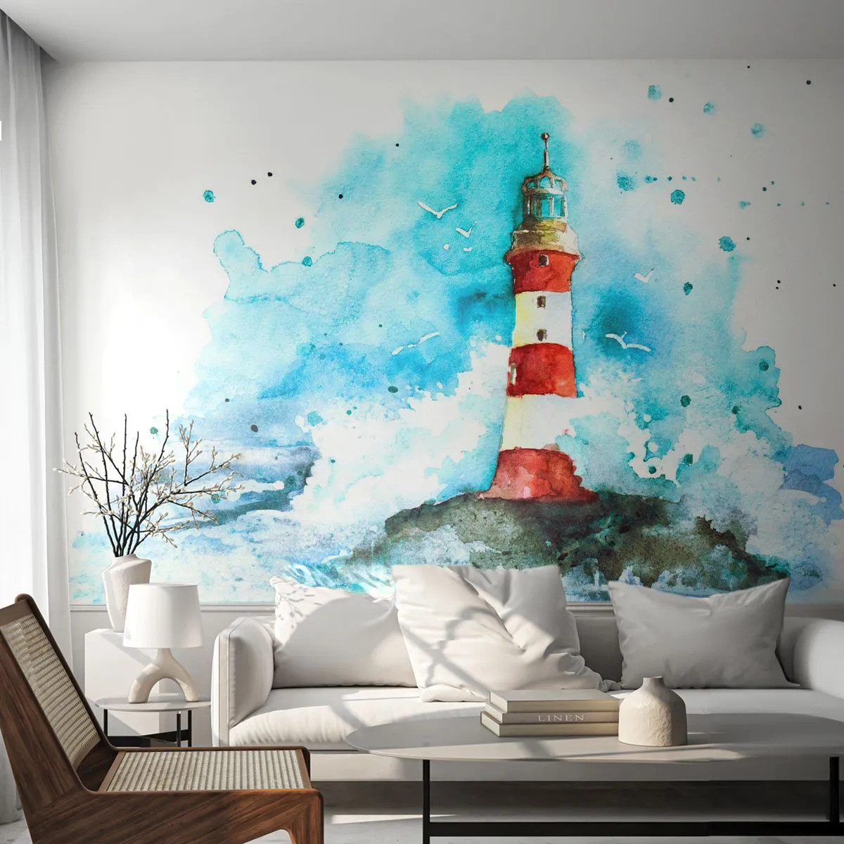 Fototapeta Premium Sand - Akwarelowa latarnia morska na tle fal i nieba - 100x70cm - Jedność żywiołów - Nowoczesna dekoracja ścienna do salonu, kuchni i sypialni ARTTOR