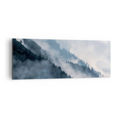 Obraz na płótnie - Mgła unosząca się nad zalesionymi zboczami gór w tajemniczym krajobrazie - 140x50cm - Mistyka gór - Nowoczesna dekoracja ścienna do salonu i sypialni ARTTOR